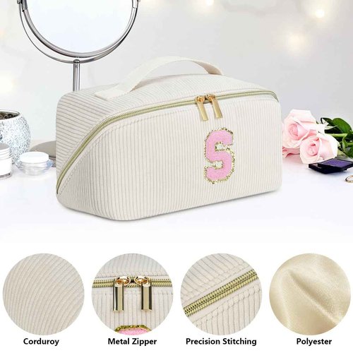 DTBG Personalized Initial Makeup Bag,Christmas Gifts for Girl,Preppy Bag Cosmetic Travel Bag Women,Travel Toiletry Organizer,Large Capacity Corduroy Stuff Bag,Cute Cosmetic Pouch Skincare Bag-C