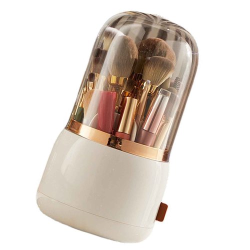 Beufee Makeup Brush Holder, Makeup Brush Organizer Makeup Brush Holder Organizer with Lid 360° Rotating Makeup Storage for Home (White)