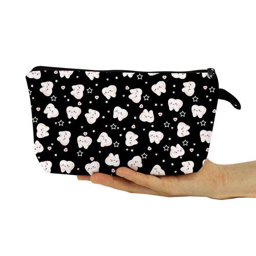YULUENZE Cartoon Teeth Makeup Bag Black Background Small Organizer Pouch with Zipper Cartoon Tooth Cosmetic Bag Present for Dentists Dental Patients Nurse Women