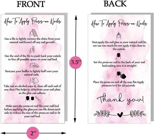 Press-On Nail Application Instructions Cards, Aftercare Instructions Cards, 50 Pack 3.5 x 2inch inch Business Card Size, DIY Press-On Nail Kit, White and Pink Design