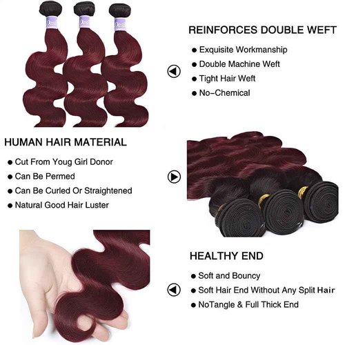 UDesire 22Inch Ombre 1B/99j Burgundy Body Wave Human Hair Bundles Red Wine Bundles Human Hair Two Tone Black To Burgundy Bundles 12A Unprocessed Brazilian Virgin Hair Extensions for Women