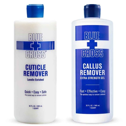 Blue Cross Hydrating, Moisturizing, Strengthening Cuticle Remover Oil with Lanolin + Extra Strength Callus Remover Gel for Heel or Feet, 32 oz each, 2 pack Professional Bundle