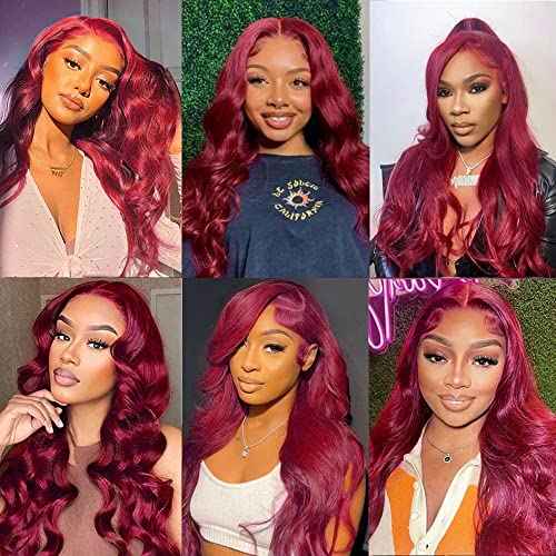 99J Burgundy Wine Red Color Body Wave 13x4 HD Lace Front Glueless Wigs Human Hair Pre Plucked Bleached Knots with Baby Hair Wigs Brazilian Human Hair Natural Hairline Wigs for Women(24Inch)