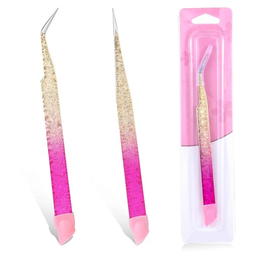 2 Pcs Double Ended Nail Art Tweezers with Silicone Pressing Head - Straight & Curved Tip Stainless Steel Tweezers for Eyelash Extensions & Nail Art Stickers