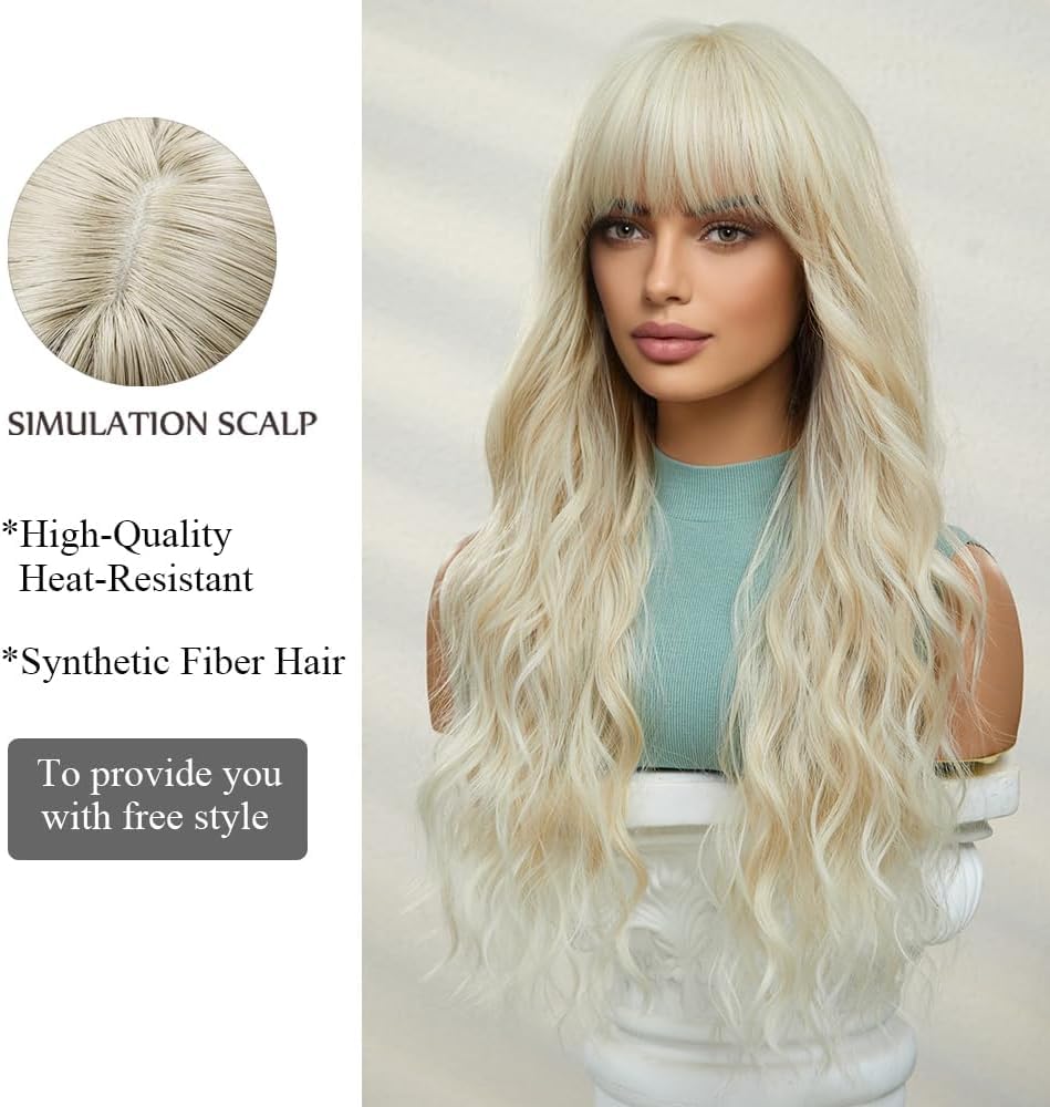 OUFEI Blonde Wigs for Women Long Curly Wig With Bangs Wavy wig Natural Synthetic Hair for Daily Party Cosplay Wear