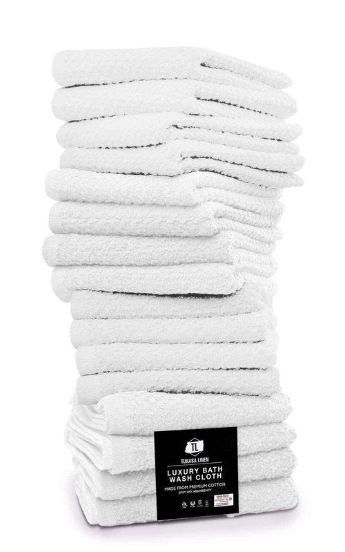 Tukasa Linens 16 Pack Cotton Washcloths for Body and Face, 12x12 Inches, Pack of 16, Multipurpose and Lightweight Wash Clothes for Face. Highly Absorbent - Travel and Bath Towel (White)