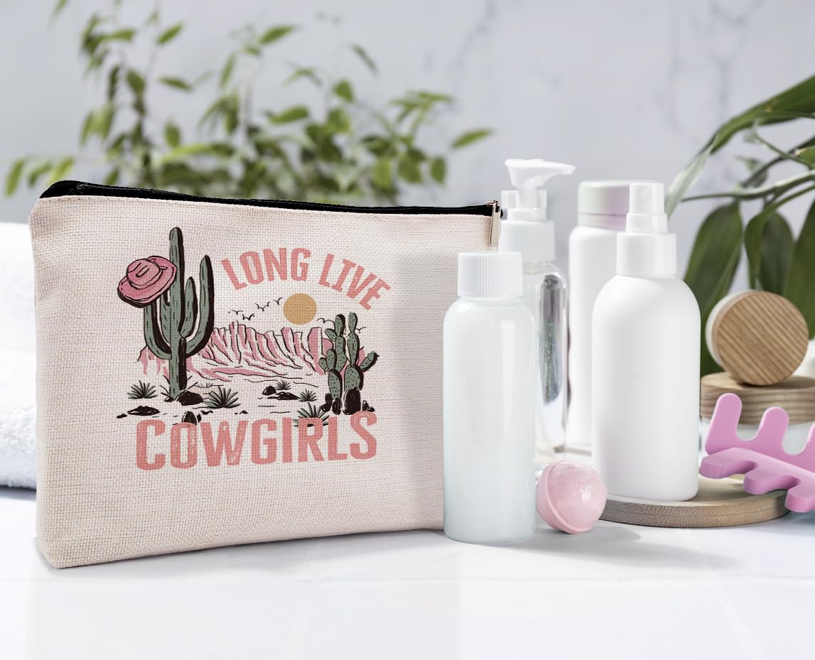 Dwept Long Live Cowgirls Cosmetic Bag, Pink Retro Western Cowgirl Hat Desert Cactus Makeup Bag Zipper Cosmetic Pouch Bag Travel Linen Makeup Organizer, Preppy Gifts for Teen Girls Women Cowgirls