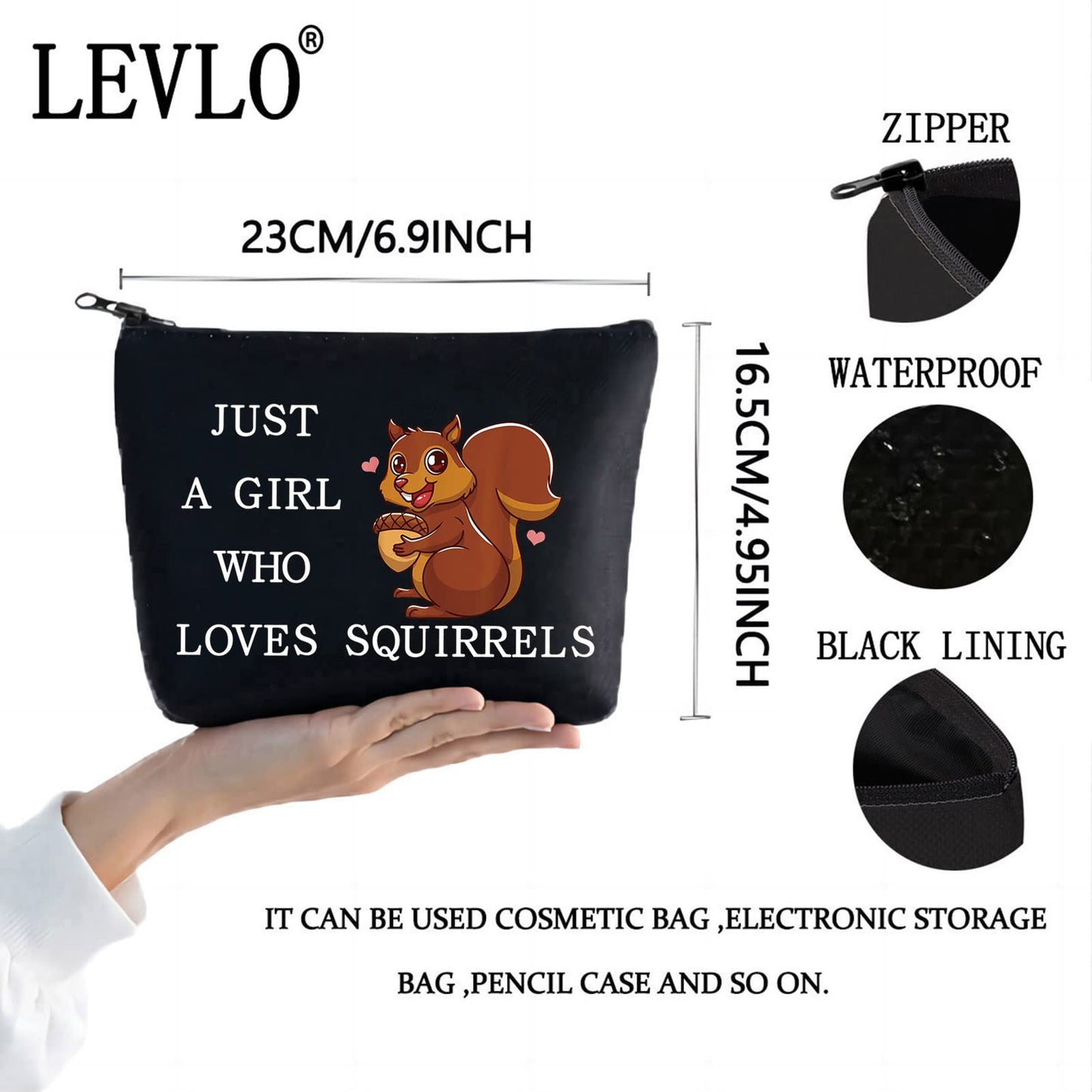 LEVLO Funny Squirrel Cosmetic Bag Animal Lover Gift Just A Girl Who Loves Squirrels Makeup Zipper Pouch Bag Squirrel Lover Gift (Loves Squirrels Black)