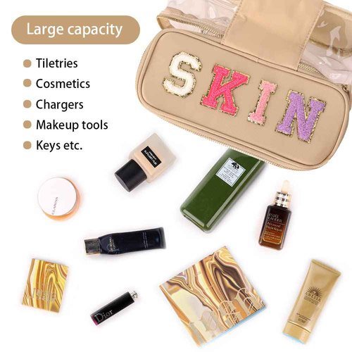 MEEJUNE Portable Chenille Letter Clear Preppy Makeup Zipper Bag Waterproof Foldable Organizer Travel Storage Purse For Vacation Travel, Bathroom
