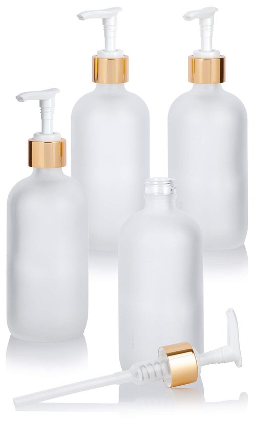 JUVITUS (4 pack) 8 oz Clear Frosted Glass Boston Round Bottle with Gold Lotion Pump