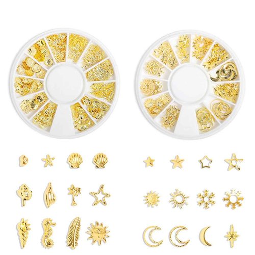 COOSLIM Gold Star Moon Nail Charms 2 Box Nails Art Studs 3D Metallic Star Moon Nails Studs Rhinestones Star Nail Jewelry Decoration Supplies Kit for Women Girls Acrylic DIY Nail Art Accessories D