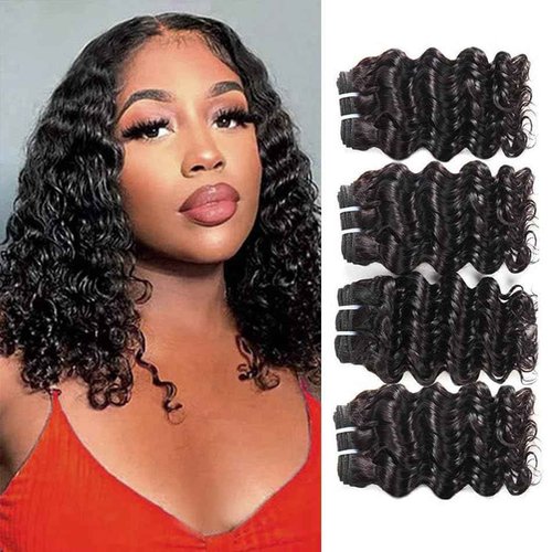 FASHION LINE Deep Wave Human Hair Bundles Unprocessed Brazilian Curly Hair Sew in Hair Weaves Double Weft 1B Natural Black (12inch) 50g 4 bundles for full head