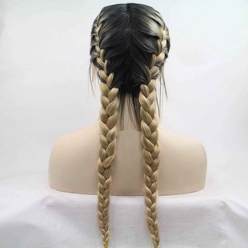 xiweiya wigs Brown with Dark Root Double Braids Synthetic Braided Lace Front Wig with Baby Hair Heat Resistant Fiber Middle Part for Women,Drag Queen Family Party Cosplay 24 inch