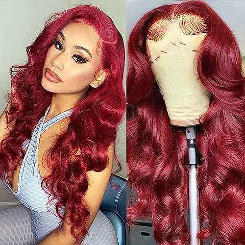99J Burgundy Wine Red Color Body Wave 13x4 HD Lace Front Glueless Wigs Human Hair Pre Plucked Bleached Knots with Baby Hair Wigs Brazilian Human Hair Natural Hairline Wigs for Women(24Inch)