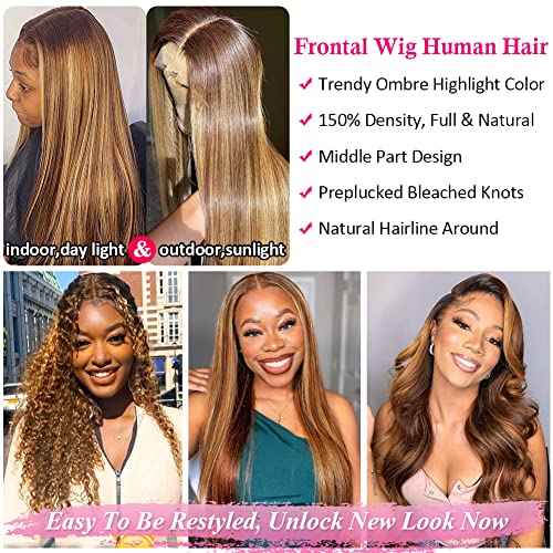 Flady Highlight Ombre Lace Front Wig Human Hair Pre Plucked 4/30 Colored Honey Blonde HD Lace Frontal Wigs For Women180 Density Straight Glueless Wigs Human Hair