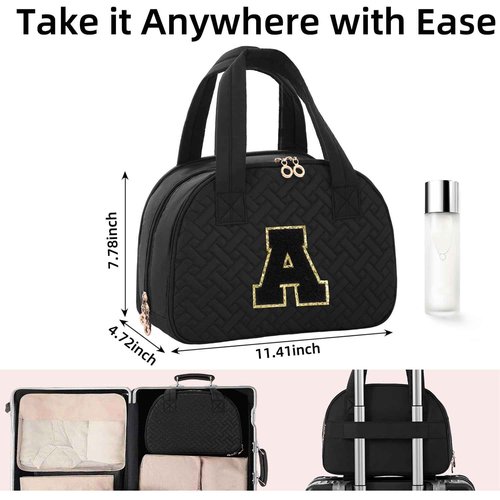 LYFFXYH Initial Travel Toiletry Bag, Personalized Cosmetic Bags Birthday Gifts for Women, Makeup Bag Organizer with Handle, Travel Bag for Toiletries with Brush Holder (A, Black)