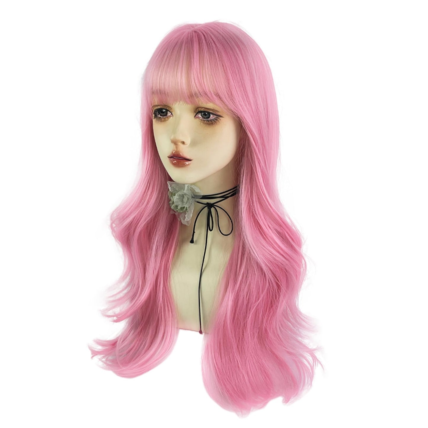 WKLOUYHE Pink Long Wavy Wigs with Bangs for Women Loose Wavy Wig Curly Wavy Synthetic Cosplay Wig for Girl Colorful Costume Wigs