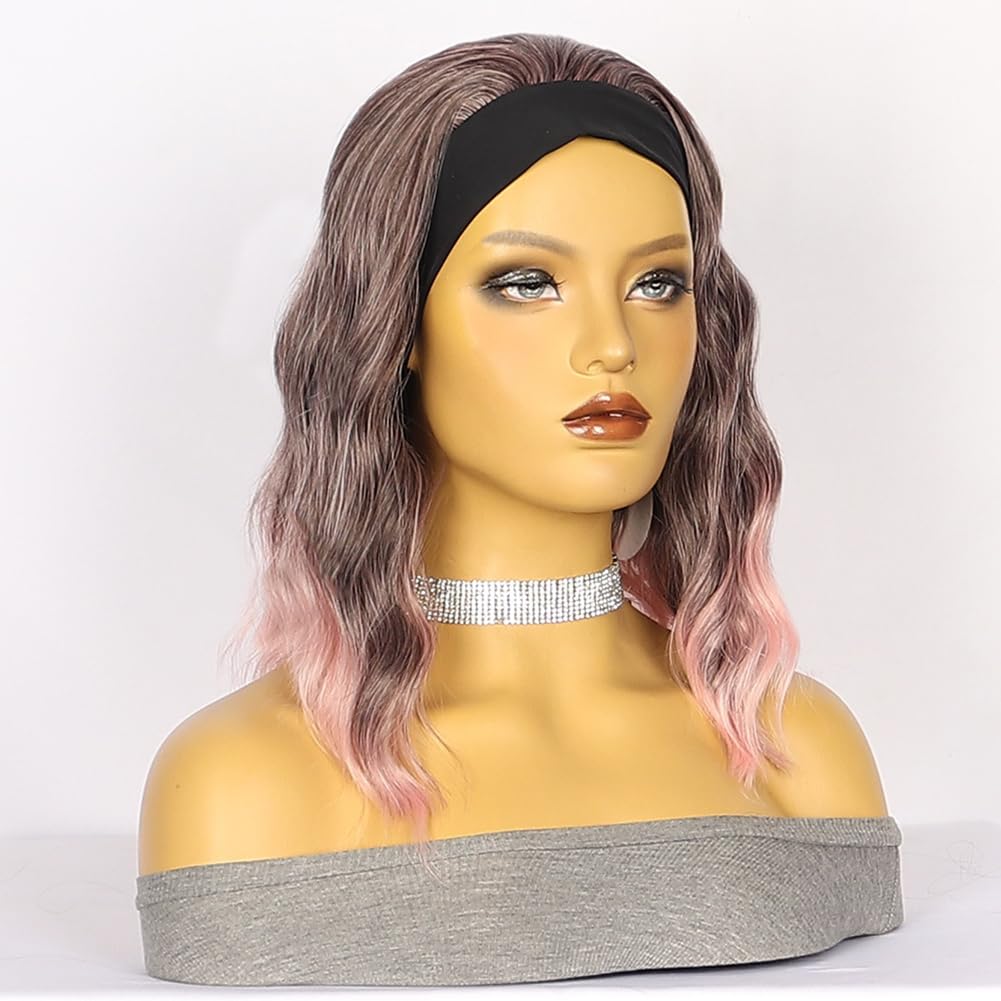 Gusif Short Wavy Bob Headband Wig Ombre Pink Headband Wigs for Black Women Natural Hairline Bob Wig Glueless Shoulder Length Synthetic Wig (Ombre Pink)