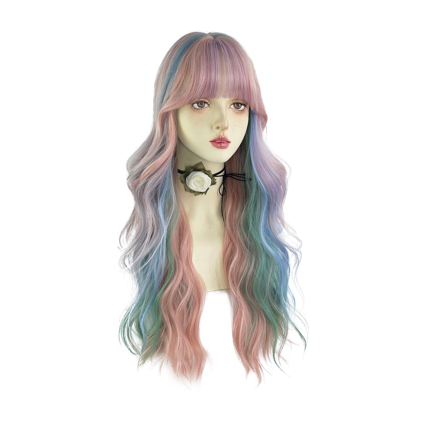 WKLOUYHE Rainbow Long Wavy Wigs with Bangs for Women Loose Wavy Wig Curly Wavy Synthetic Cosplay Wig for Girl Colorful Costume Wigs