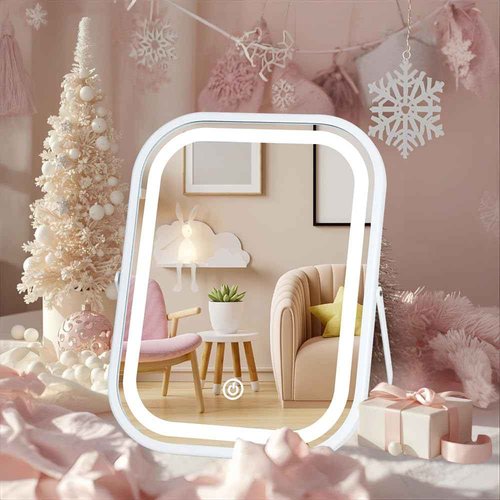 LAKFUES Beauty Gift Vanity Mirror with Lights 6x8 Inch, Rechargeable Makeup Mirror for Desk, 3-Color Lighting & Touch Control Tabletop Mirror Lights, Portable Cordless Travel Mirror