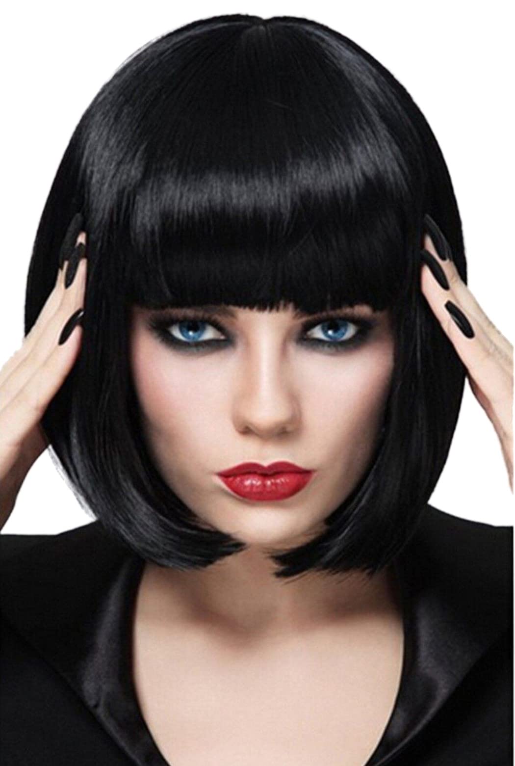 Bopocoko Black Bob Wigs for Women, 12'' Short Black Hair Wig with Bangs, Natural Fashion Synthetic Wig, Cute Colored Wigs for Daily Party Halloween BU027BK