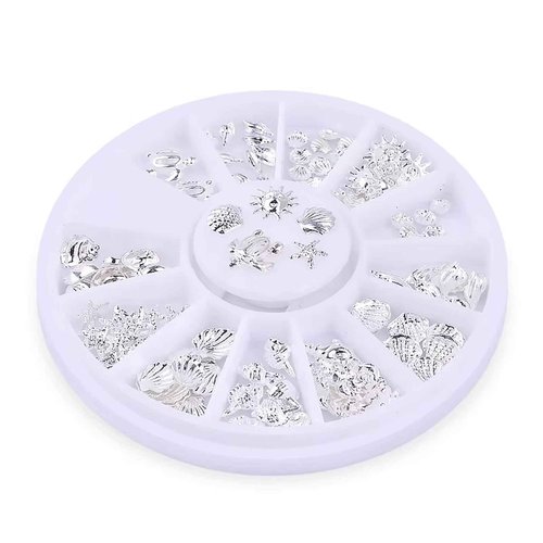 HYWWPFLAY 2 Disc 3D Silver Nail Charms, Beach Starfish Sea Seashell Nail Art Studs Rivet Alloy 3D Nail Gems Metallic Jewelry Decoration for Manicure DIY Nail Accessories (12 Style-Ocean)