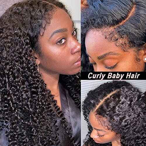 Kinky Curly Edges Hairline 13x4 Lace Front Wigs Human Hair Transparent HD Lace Frontal Wig Pre Plucked Pre Bleached Knots 4C Edges Baby Hair Deep Wave Curly Wig 180% Density (16inches)