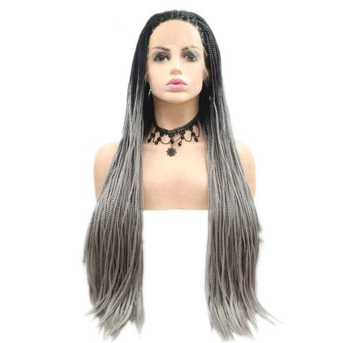 RainaHair 26inch Afro American Women Box Braided Wigs Dark Rooted Grey Lace Front Wigs for Women Heat Resistant Synthetic Hair Handmade Braids Wigs Drag Queen Halloween Cosplay Daily Wear