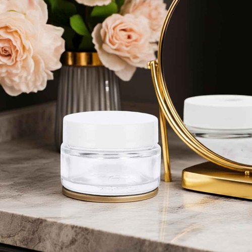 Clear Glass 0.50 oz / 15 ml Low Profile Thick Wall Balm Empty Jars (24 pack, White Smooth Foam Lined Lids)