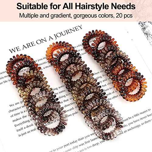 JessLab Spiral Hair Ties, 20 Pcs Traceless Phone Cord Hair Ties No Crease Spiral Bracelet Plastic Coil Ponytail Holders No-Damage Headband Hair Accessory for Girls Women Ladies Gift (Amber)