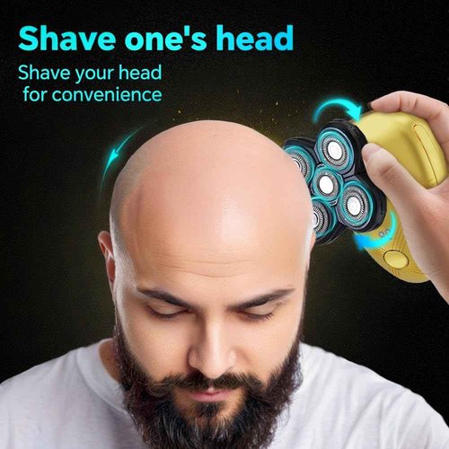 5-in-1 Electric Cordless Razor for Men Head Shaver for Bald Men Grooming Kit with Nose Trimmer-Hair Clippers-Facial Brush, LED Display Rotary Shavers,USB Charging Rechargeable (Gold)