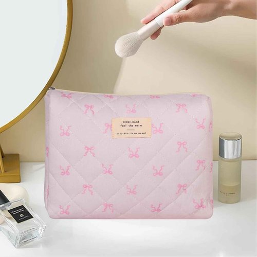 Large Quilted Makeup Bag, Floral Cotton Cosmetic Bag, Coquette Aesthetic Travel Toiletry Bags for Women Girls