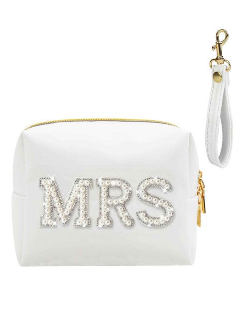 Fmeida MRS Patch Makeup Bag Bride Small Cosmetic Bag for Purse with Pearl Rhinestone Patches White PU Leather Detachable Handle Bride to be Gifts for Bachelorette Party Wedding Bridal Shower