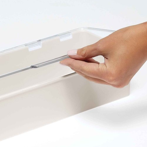 mDesign Long Plastic Cosmetic Storage Organizer Box Containers, Hinged Lid for Bedroom, Bathroom Vanity Shelf or Cabinet, Holds Masks, Palettes, Lotion, Nail Polish, 2 Pack, Cream/Beige/Clear