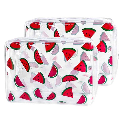 TotePrint 2PCS Watermelon Printing Transparent PVC Cosmetic Bag, Portable Waterproof Storage Bag for Girls' Cosmetics and Toiletries. (Watermelon printing L-2pcs)