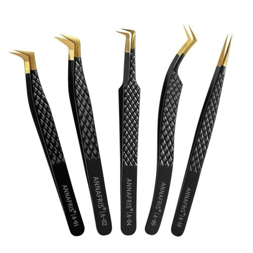 ANNAFRIS Lash Tweezers for Eyelash Extensions,Precision Fiber Tip for Volume Eyelash Extension,Lash Extension Tweezers for Easy Application and Removal (Black, 5PCS-01)