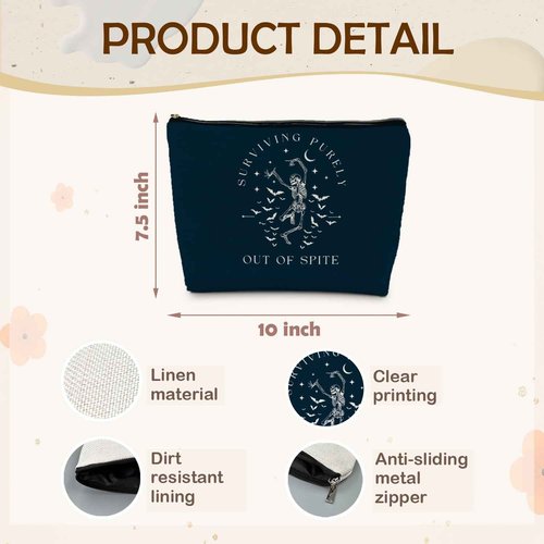ignytiger Funny Dark Horror Halloween Goth Skeleton Makeup Bag, Gothic Cosmetic Bag for Women,Halloween Gifts for Women, Makeup Pouch, Surviving Purely out of Spite