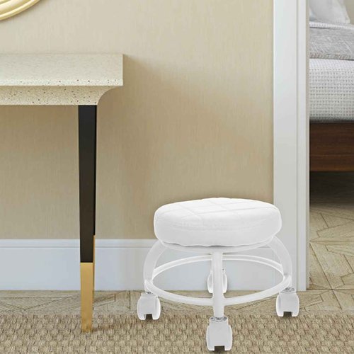 Healeved White Rolling Beauty Stool Pu Cushioned Low Round Stool with Wheels for Manicure Pedicure Salon Spa Massage Chair