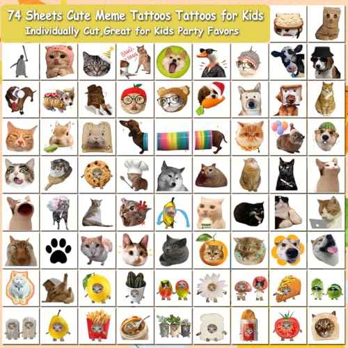 Cute Cat Meme Temporary Tattoos - 74 Individually Sheets Funny Animals Meme Tattoos for Birthday Decorations Party Supplies, School Rewards Gifts Ideas for Girls Boys