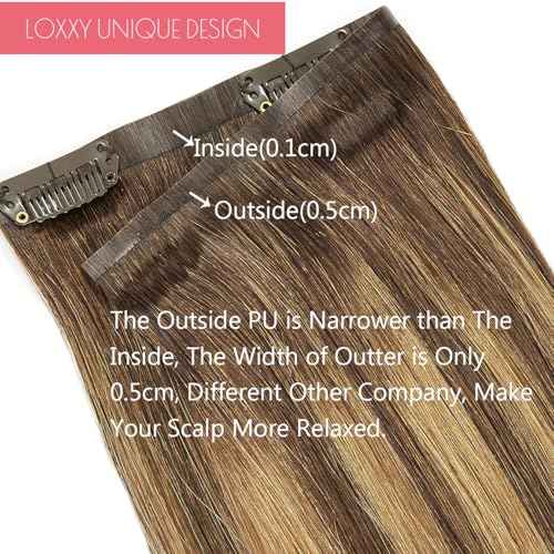 Loxxy Invisible Clip in Hair Extensions Real Human Hair Ombre Medium Brown to Caramel Blonde 16Inch 130G 7Pcs Thin Pu Weft Seamless Hair Extensions Clip in Thick Remy Hair Silky Straight