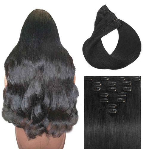 Moucyo Clip in Hair Extensions Real Human Hair 100% Brazilian Remy Human Hair Seamless Invisible clip on hair extensions for women Double Weft 7pcs 14 Inch 75g #1B Natural Black