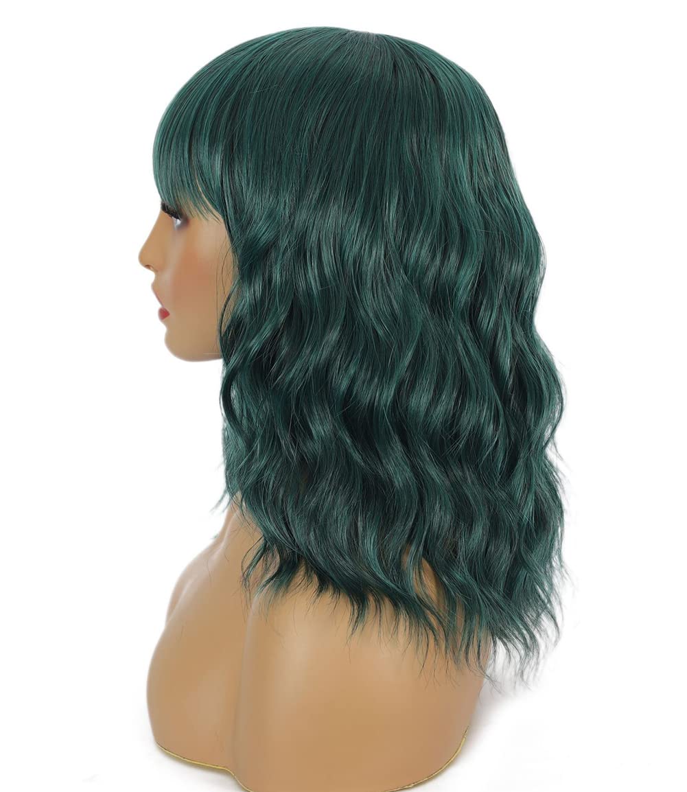 Sharebeauty Synthetic Bob Wig for Women Natural Wavy Curly Full Wig with Bangs Deep Green