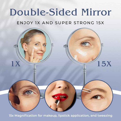 MIRRORVANA 15X Magnifying Makeup Mirror with Stand - Double-Sided 15X/1X Design - Suitable for Vanity Desk, Dressing Table, or Bathroom Countertop for Precise Make Up - 12" High x 6" Wide (Chrome)