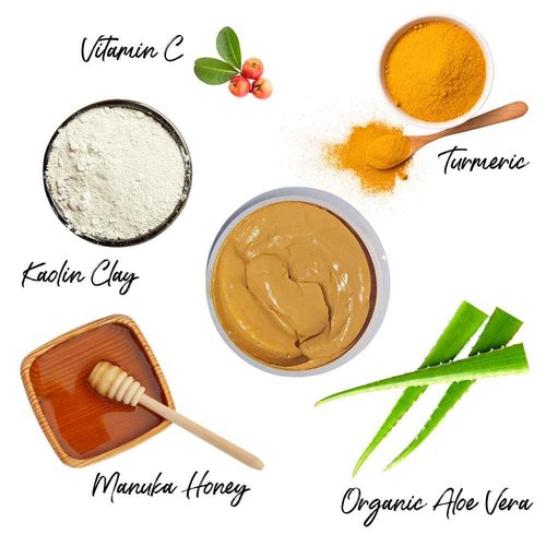 Bella Jade Turmeric Vitamin C Clay Face Mask & Brush for Acne, Hyperpigmentation, Dark Spots and Anti Aging - with Tumeric, Kaolin Clay, Organic Aloe Vera and Manuka Honey