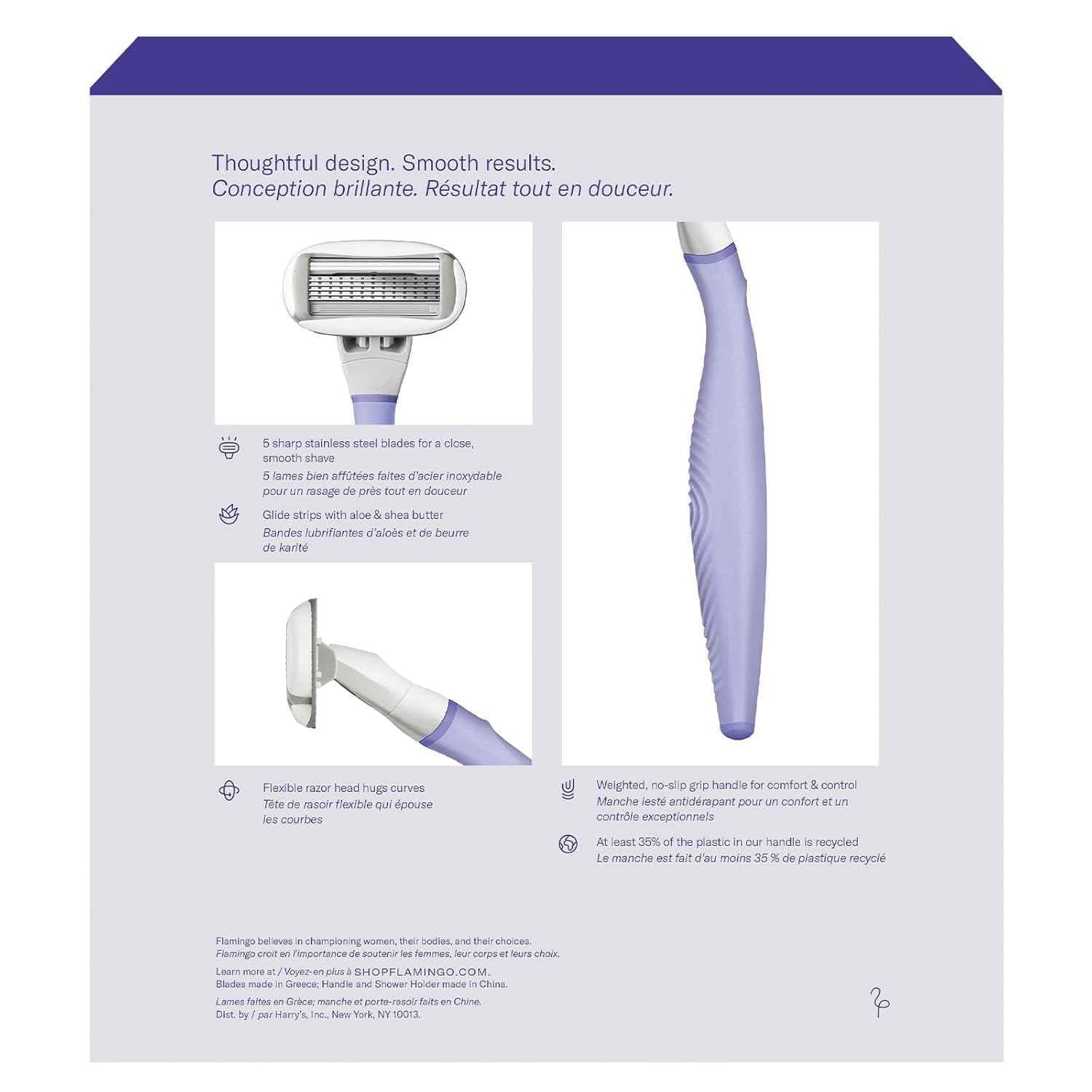 Flamingo Razors for Women, 1 Women's Razor Handle (Lilac), 13 Razor Five-Blade Refills, and 1 Shower Holder