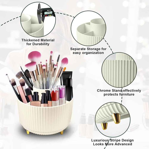 PILOMA Makeup Brush Holder Organizer – 360° Rotating Makeup Brush Organizer - 5 Large Compartment Cosmetic Organizer -Eyeliner, Nail Polish, Art Supply, Bathroom Vanity Desktop Organizer (Cream)