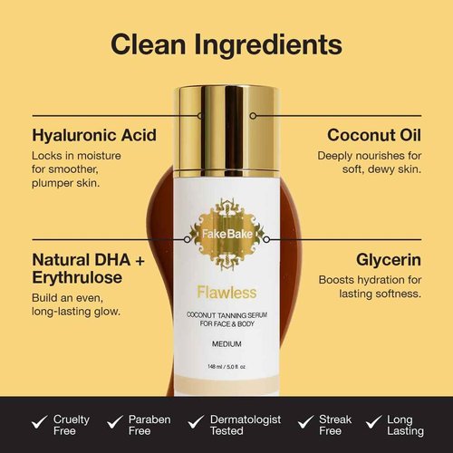 Fake Bake Flawless Coconut Sunless Tanning Serum with Hyaluronic Acid Lightweight Illuminating Face & Body Gradual Self Tanner - Hydrating & Rejuvenating Skin Care for Women & Men - 5 oz