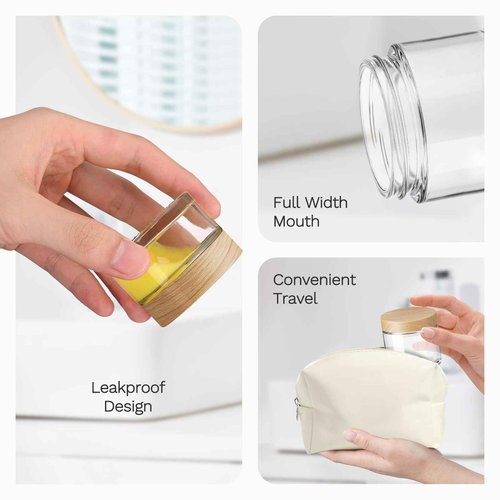 1 oz Glass Jars with Plastic Woodgrain Lids, Bumobum 48 pack Round Clear Cream Jars with Black and White Labels & Inner Liners, Empty Cosmetic Containers for Cream, Lotion, Ointment