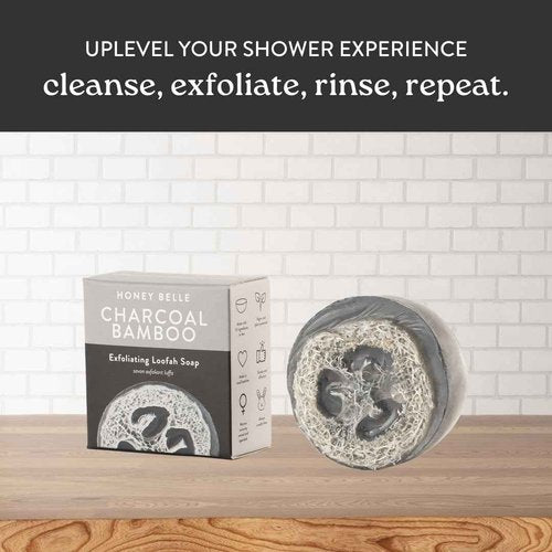 Honey Belle Charcoal Bamboo Exfoliating Loofah Soap 2-Pack - Exfoliating Bar Soap with Loofah Inside - Cleansing, Moisturizing, Nourishing, Scrubby Soap - Plant-Based, Eco-Friendly, Vegan