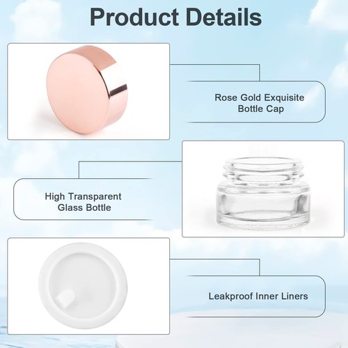 12 Pcs 5g Glass Cosmetic Jars Refillable Clear Cream Bottle Containers Empty Sample Vials Jar with Rose Gold Lid for Eye Cream Lotion Ointments Lip Balm Scrub